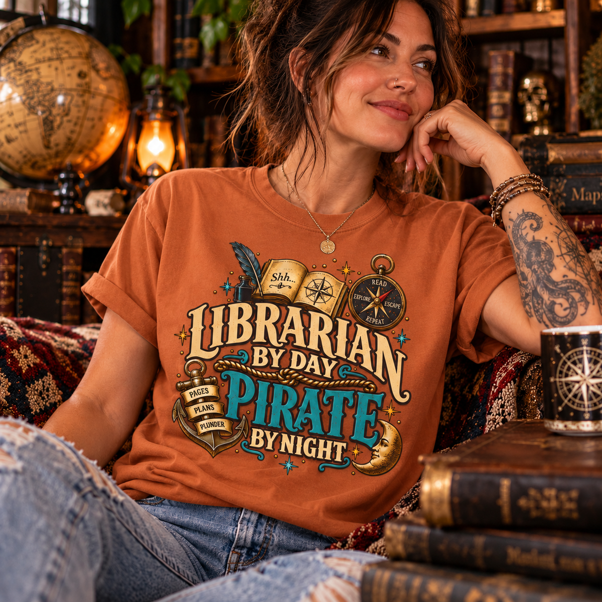 Smiling woman with tattoos sitting among old books, wearing a Yam orange Librarian by Day Pirate by Night t-shirt
