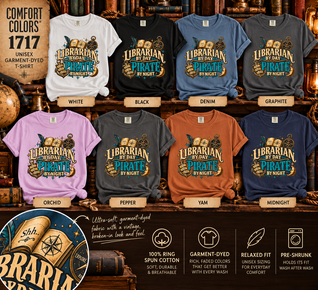 Color chart of the Librarian by Day Pirate by Night t-shirt in White, Black, Denim, Graphite, Orchid, Pepper, Yam and Midnight