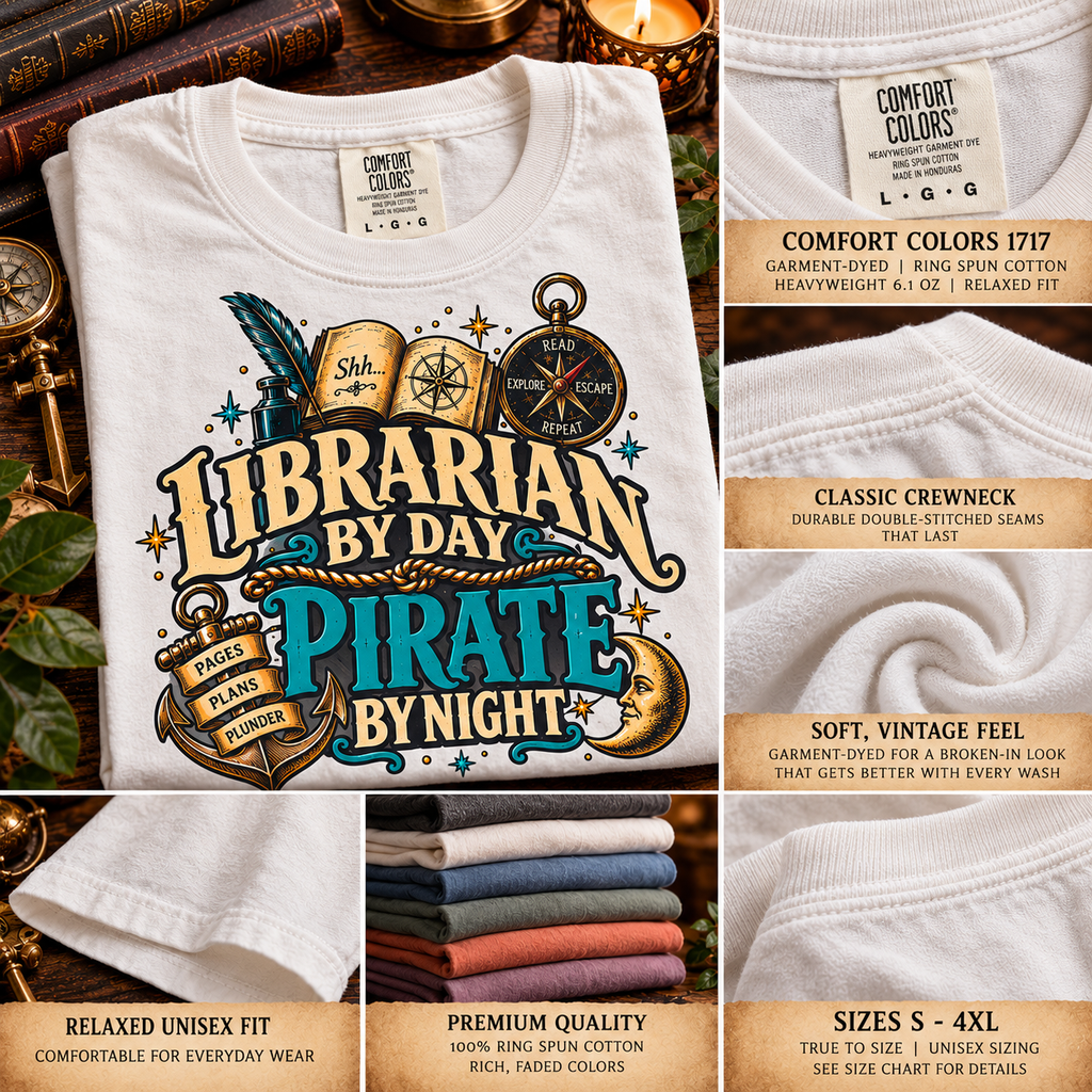 Detail collage of the Comfort Colors 1717 tee: the front print, neck label, crewneck collar, soft fabric and sizes S to 4XL