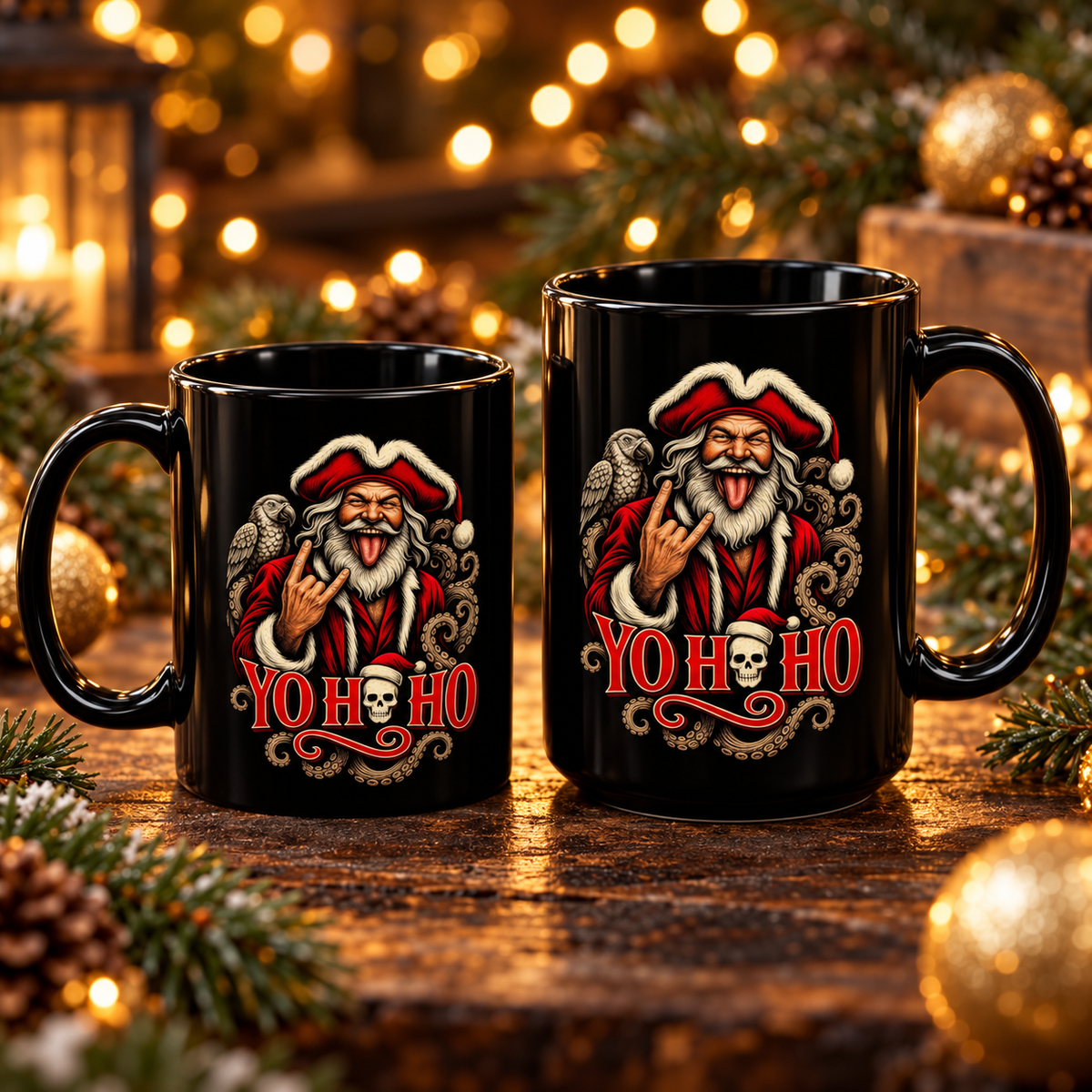 Two black Yo Ho Ho Pirate Santa mugs on a wooden table with Christmas lights, showing the rock and roll Santa on both sides