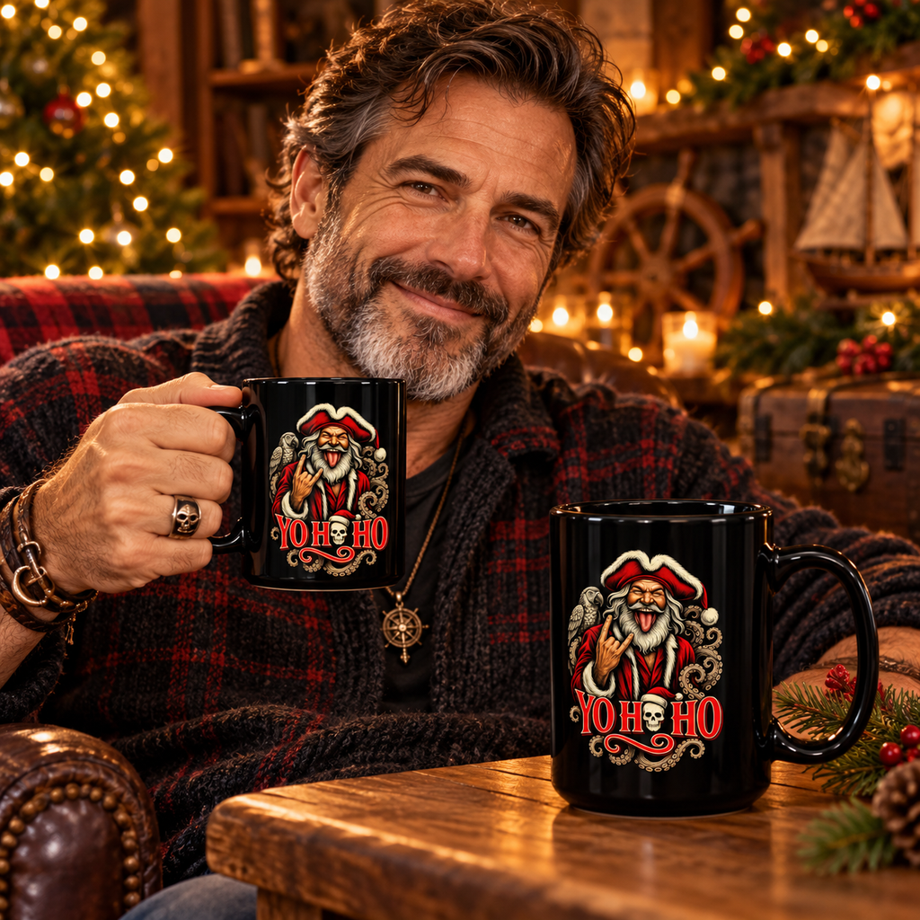 Smiling man in a flannel shirt holding a black Yo Ho Ho Pirate Santa mug by a fire, with a second mug on the table