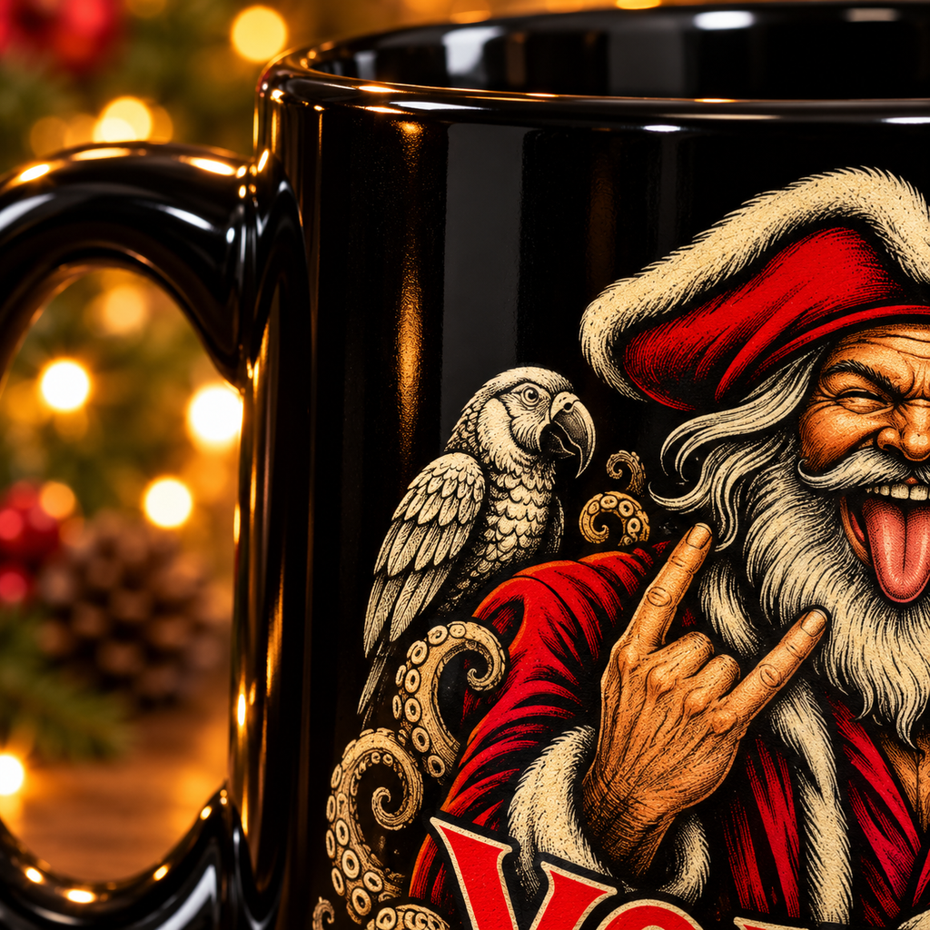 Close-up of the mug art: Pirate Santa in a red tricorn hat with his tongue out, rock horns up and a parrot on his shoulder