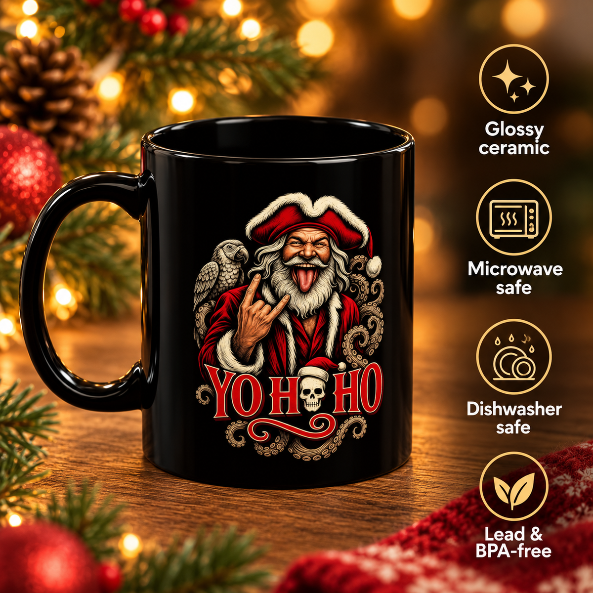 Black Yo Ho Ho Pirate Santa mug with icons for glossy ceramic, microwave safe, dishwasher safe, and lead and BPA-free