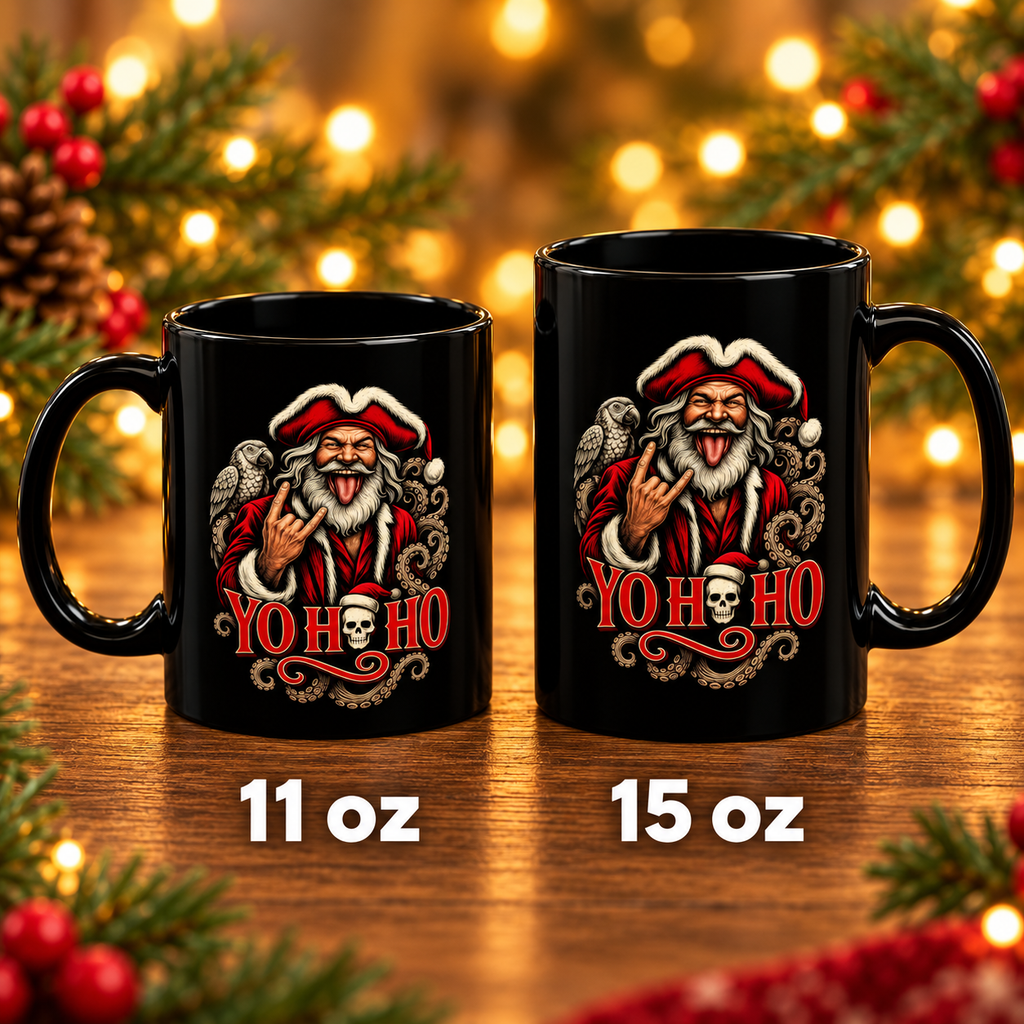 Size comparison of the black Yo Ho Ho Pirate Santa mug in 11 oz and 15 oz