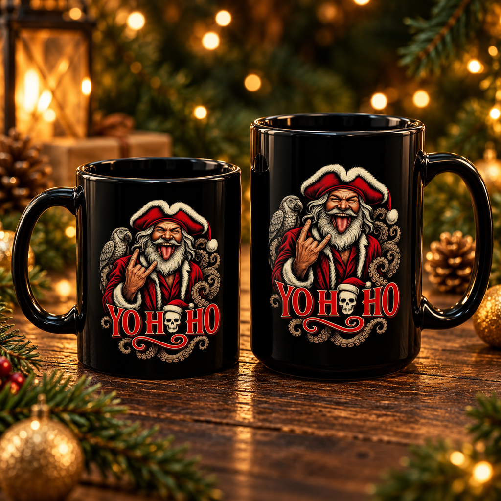 Pair of black Yo Ho Ho Pirate Santa mugs among pine cones and warm Christmas lights