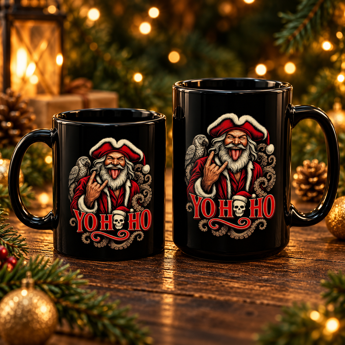 Pair of black Yo Ho Ho Pirate Santa mugs among pine cones and warm Christmas lights