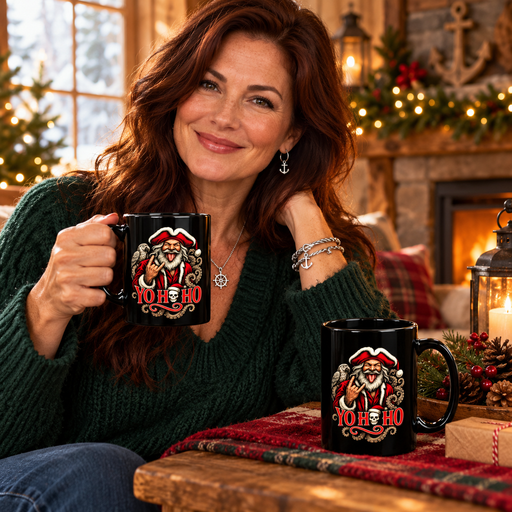 Smiling woman in a green sweater holding a black Yo Ho Ho Pirate Santa mug in a cozy room with a fireplace