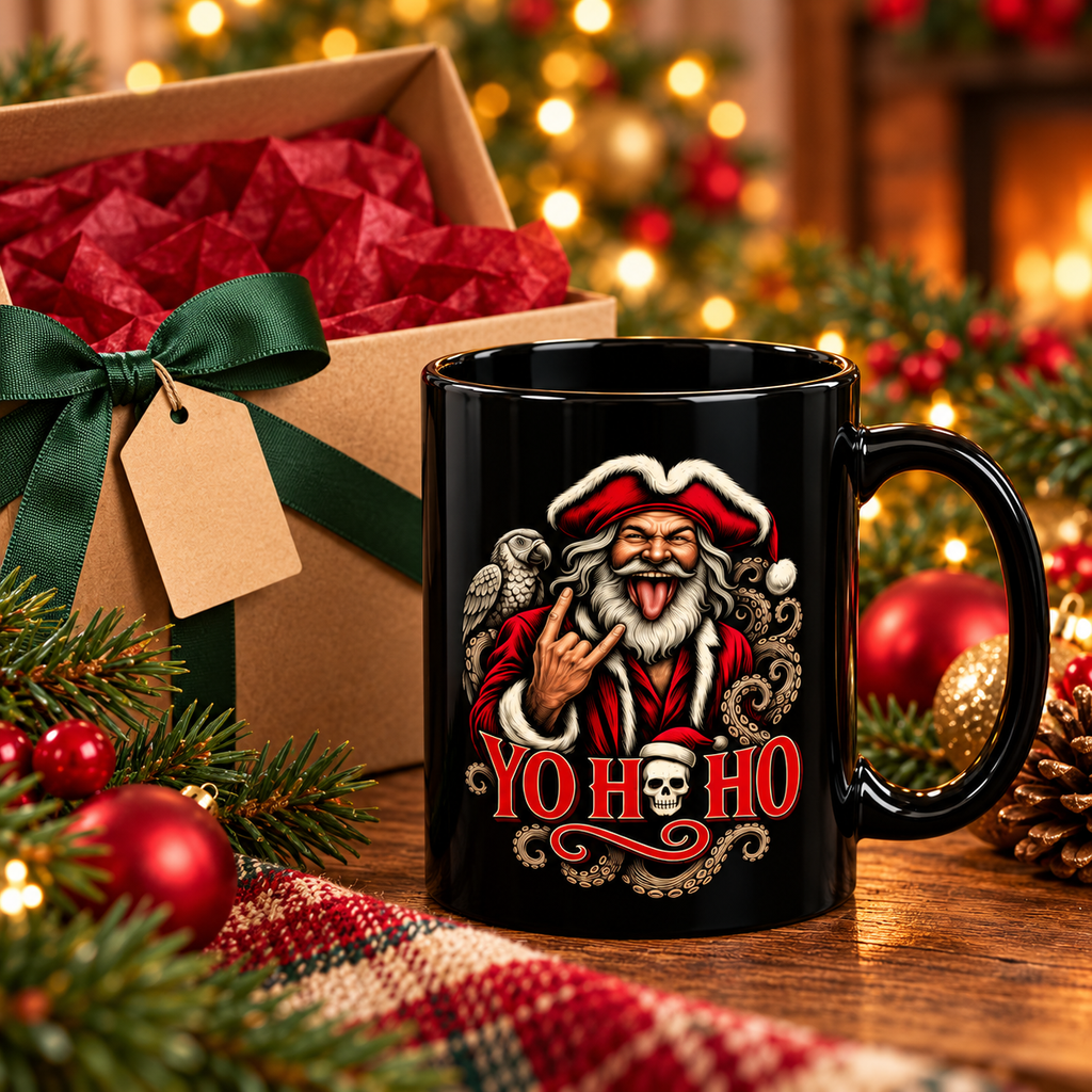 Black Yo Ho Ho Pirate Santa mug beside a kraft gift box with a green ribbon and tag
