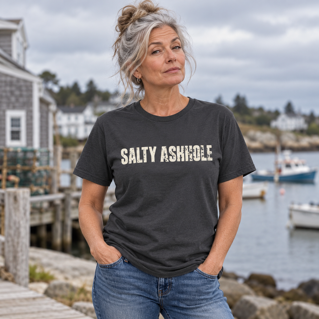 Woman on a harbor dock wearing a charcoal Salty Ashhole tee, boats in the water behind her