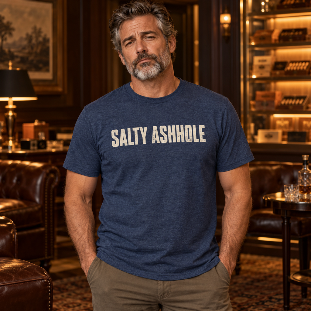 Man in a cigar lounge wearing a heather blue Salty Ashhole tee