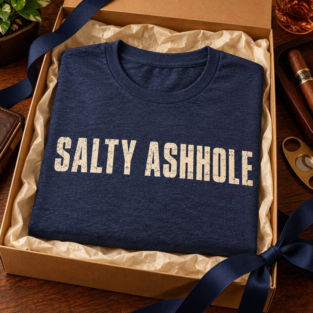 Detail card for the Salty Ashhole tee on a Gildan Ultra Cotton G2000: 6 oz fabric, classic fit, taped shoulders, sizes S to 5XL