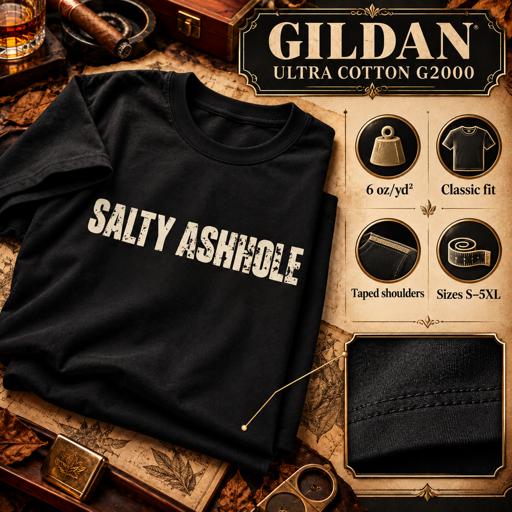 Heather navy Salty Ashhole tee folded in a gift box with tissue paper and a navy ribbon