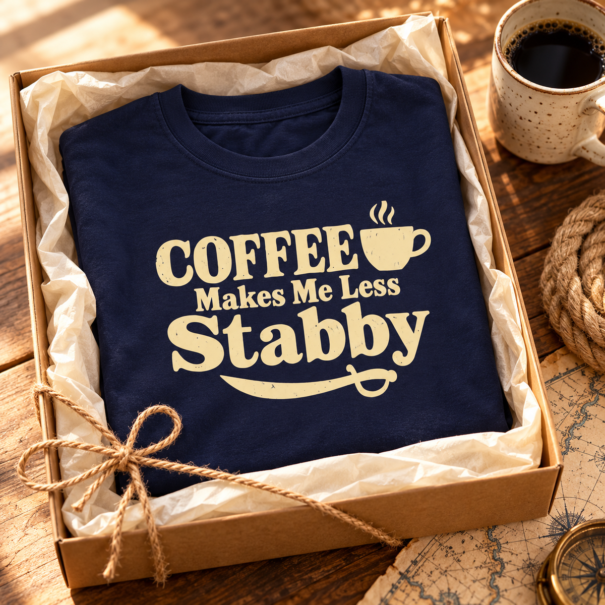 True Navy Coffee Makes Me Less Stabby t-shirt folded in a kraft gift box tied with twine, ready to give