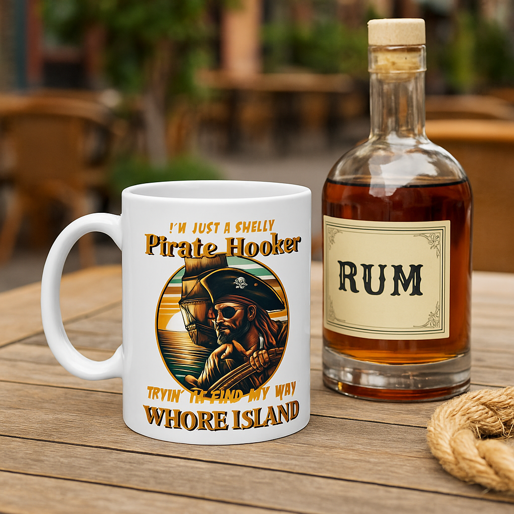 Smelly Pirate Hooker mug next to a bottle of rum on an outdoor cafe table