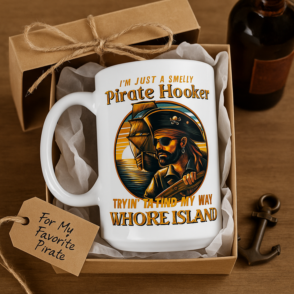 Smelly Pirate Hooker mug in a kraft gift box with tissue paper and a tag reading For My Favorite Pirate