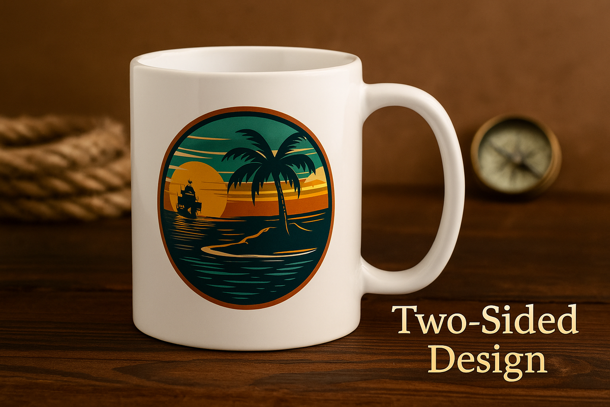 Back of the Smelly Pirate Hooker mug showing a palm tree, a pirate ship and a tropical sunset, labeled Two-Sided Design