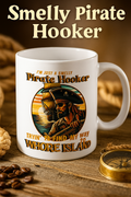 White Smelly Pirate Hooker coffee mug with a bearded pirate at the ship's wheel in a sunset circle, on a wooden table with rope and coffee beans