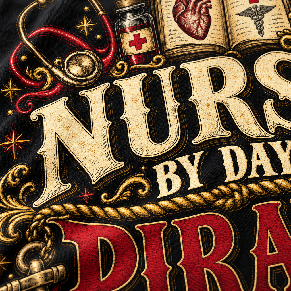 Close-up of the cream and gold NURSE BY DAY lettering with a stethoscope, medicine bottle, heart and caduceus