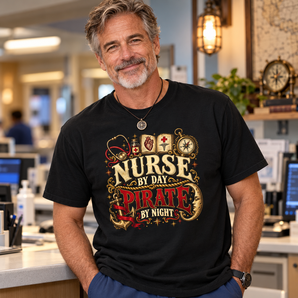 Smiling man in a hospital hallway wearing a black Nurse by Day Pirate by Night t-shirt