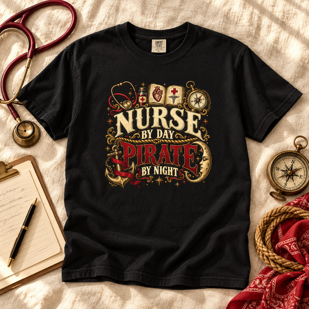 Black Nurse by Day Pirate by Night t-shirt laid flat with a stethoscope, clipboard, rope and a red bandana