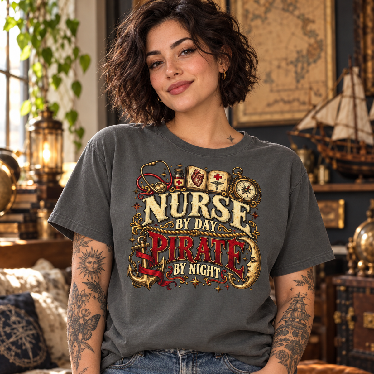Woman with tattoos smiling in a Pepper Nurse by Day Pirate by Night t-shirt in a nautical room