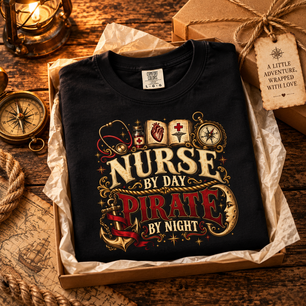 Black Nurse by Day Pirate by Night tee folded in a gift box with a tag that reads A little adventure, wrapped with love