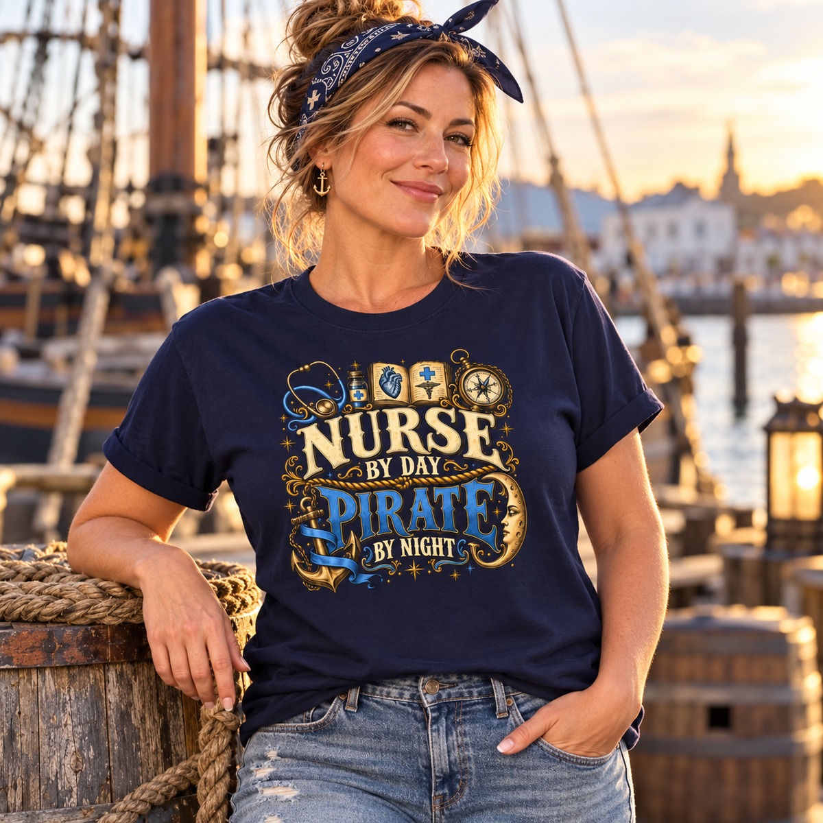 Woman in a navy Nurse by Day Pirate by Night t-shirt with PIRATE in ceil blue, standing on a dock by a tall ship at sunset