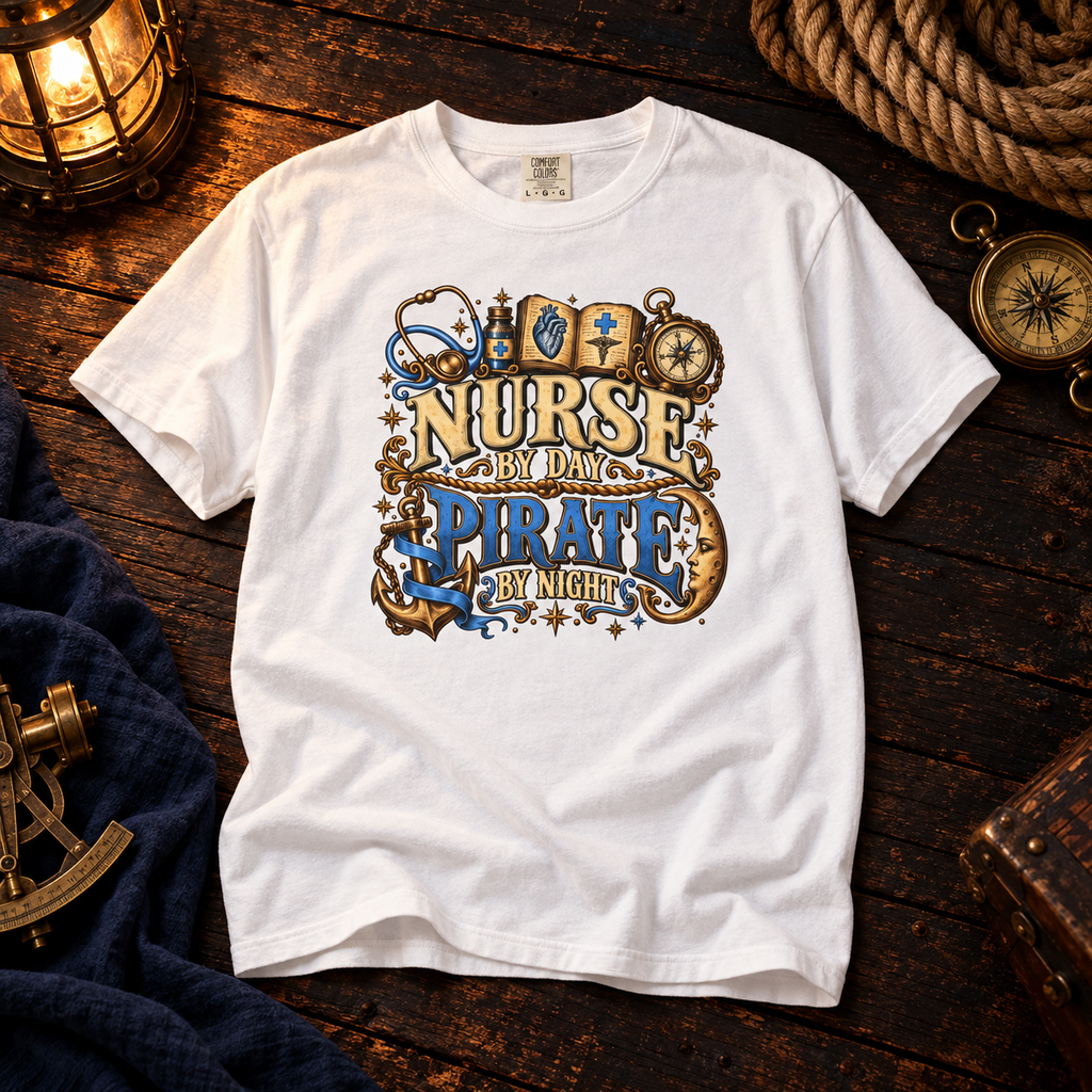 White Nurse by Day Pirate by Night Comfort Colors tee laid flat on dark wood with a lantern, rope and brass compass