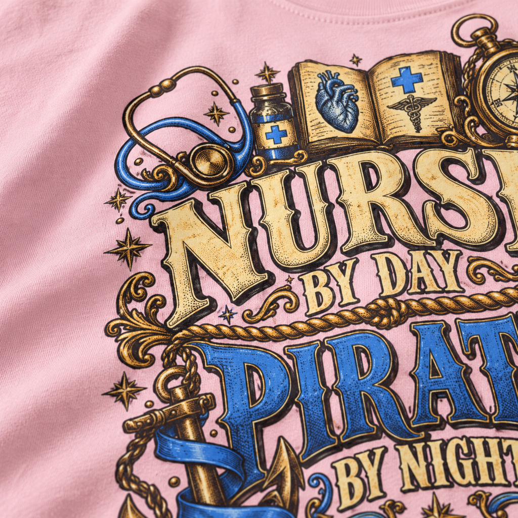 Close-up of the Nurse by Day Pirate by Night print on a pink tee: stethoscope, medicine bottle, open book and PIRATE in blue