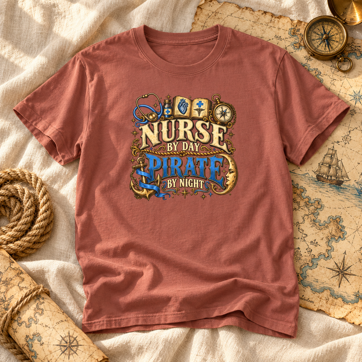 Terracotta Nurse by Day Pirate by Night t-shirt laid flat on linen with an old treasure map, rope and compass