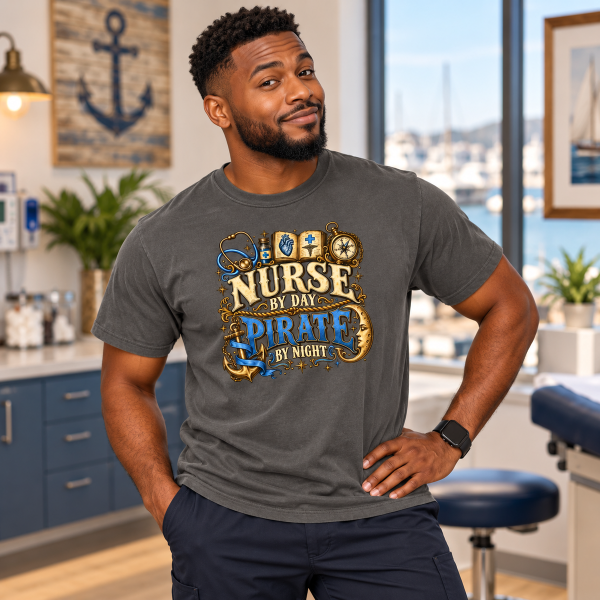 Man in a Pepper gray Nurse by Day Pirate by Night tee in a bright exam room with an anchor sign on the wall