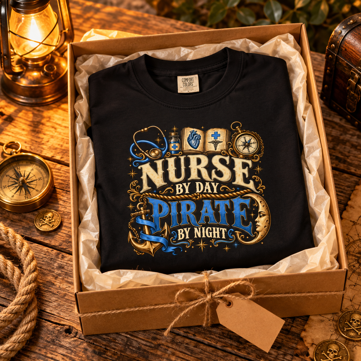 Black Nurse by Day Pirate by Night tee folded in a kraft gift box with tissue paper and a twine tag