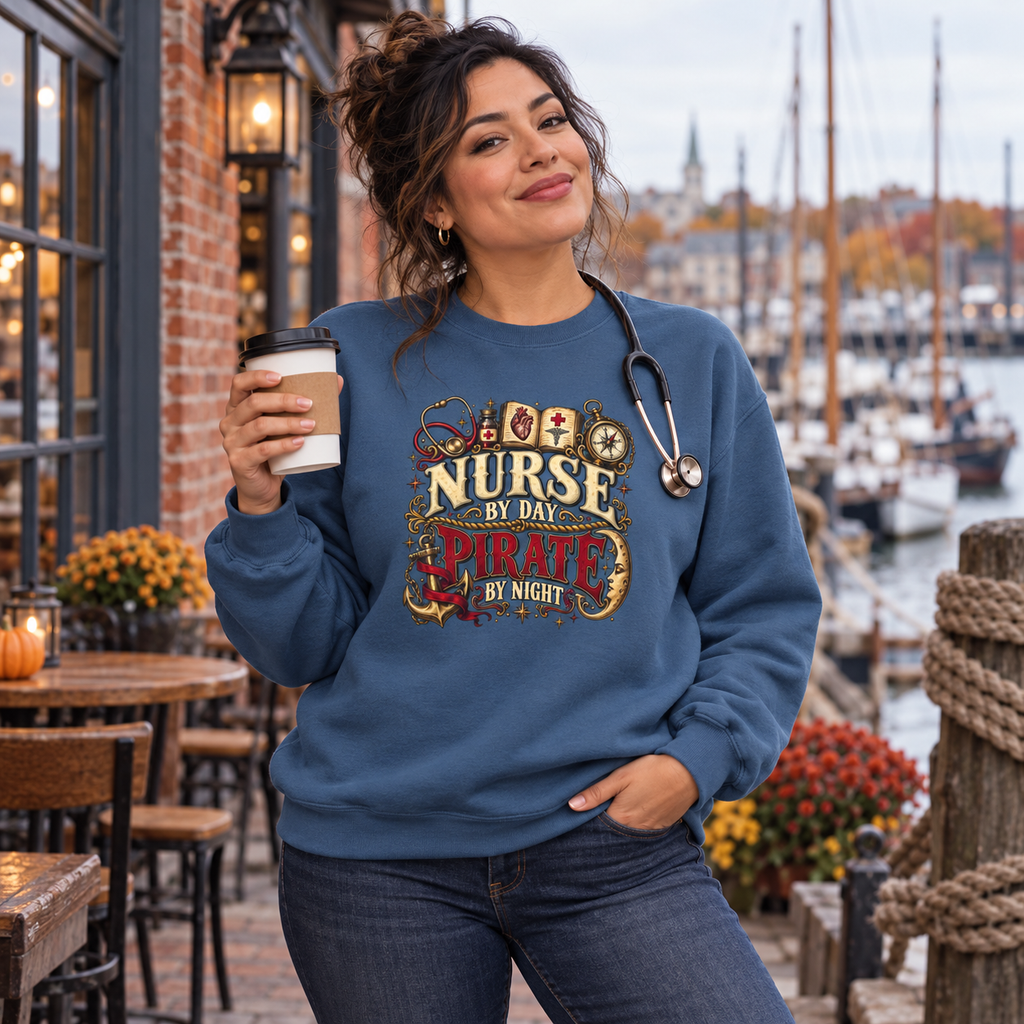 Nurse with a stethoscope and coffee wearing an indigo blue Nurse by Day Pirate by Night sweatshirt at a harbor