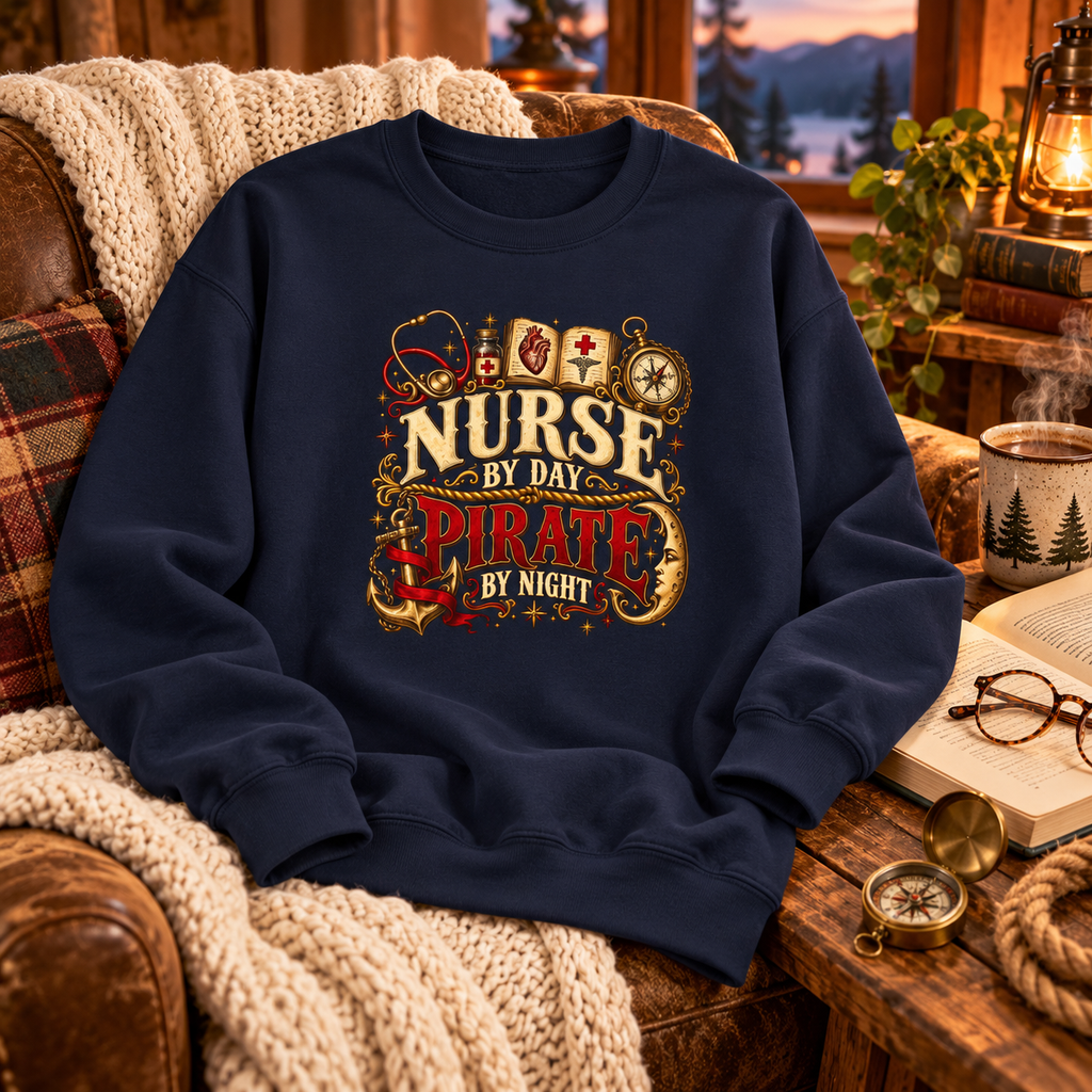 Navy Nurse by Day Pirate by Night crewneck laid on a leather chair with a knit blanket, compass and book