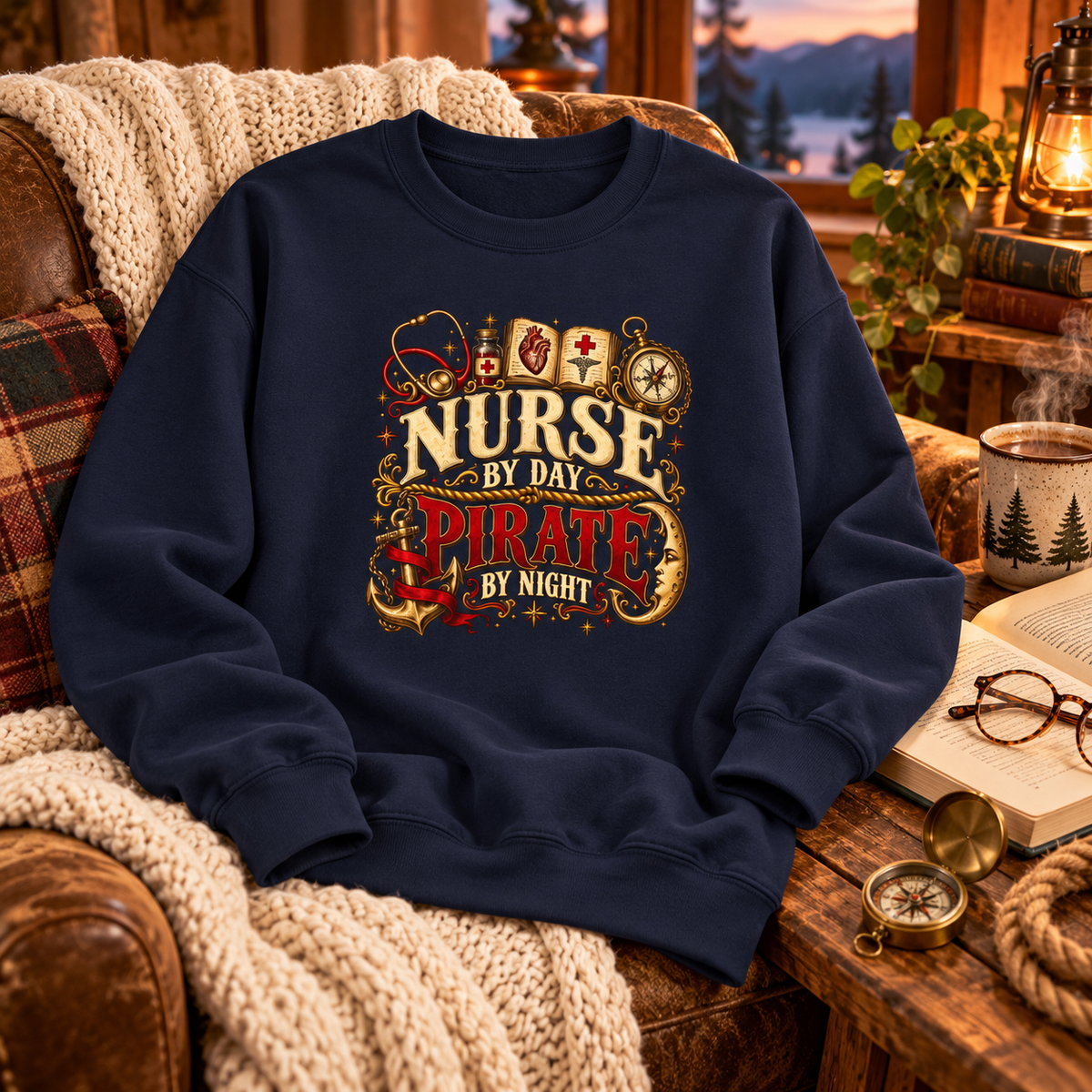 Navy Nurse by Day Pirate by Night crewneck laid on a leather chair with a knit blanket, compass and book