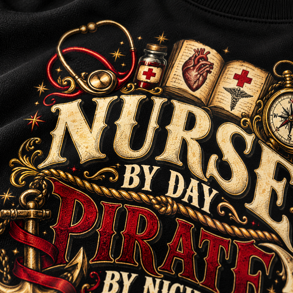 Close-up of the Nurse by Day Pirate by Night design: stethoscope, medicine bottle, heart book, compass and red PIRATE