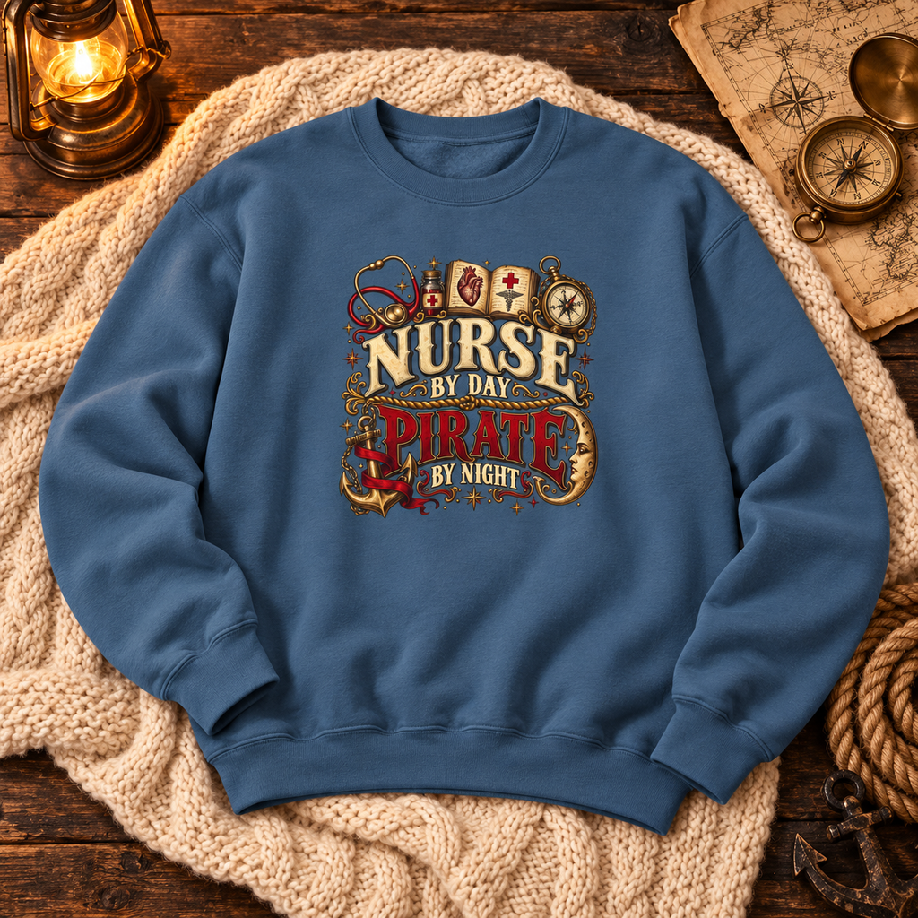 Indigo blue Nurse by Day Pirate by Night sweatshirt flat lay on a cable knit blanket with maps and lanterns