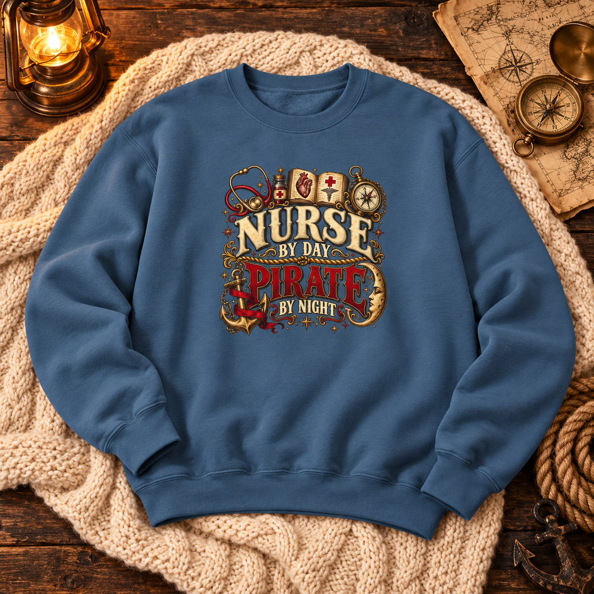 Indigo blue Nurse by Day Pirate by Night sweatshirt flat lay on a cable knit blanket with maps and lanterns