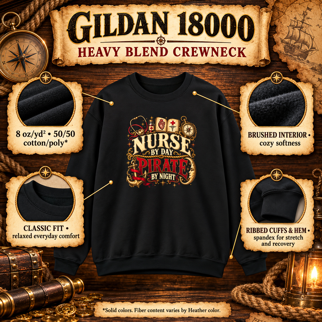 Gildan 18000 Heavy Blend crewneck features: 8 oz cotton poly, brushed interior, classic fit, ribbed cuffs and hem
