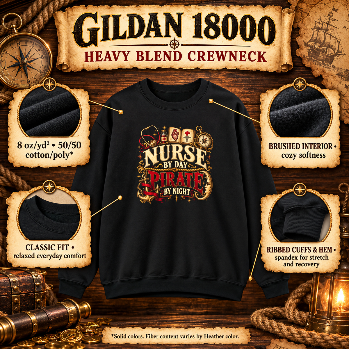Gildan 18000 Heavy Blend crewneck features: 8 oz cotton poly, brushed interior, classic fit, ribbed cuffs and hem
