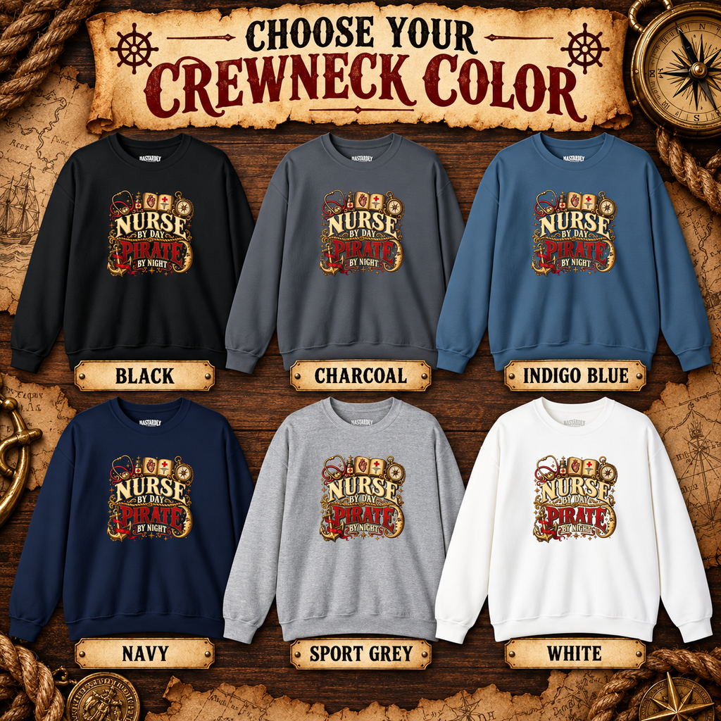 Color chart for the Nurse by Day Pirate by Night sweatshirt: black, charcoal, indigo blue, navy, sport grey and white