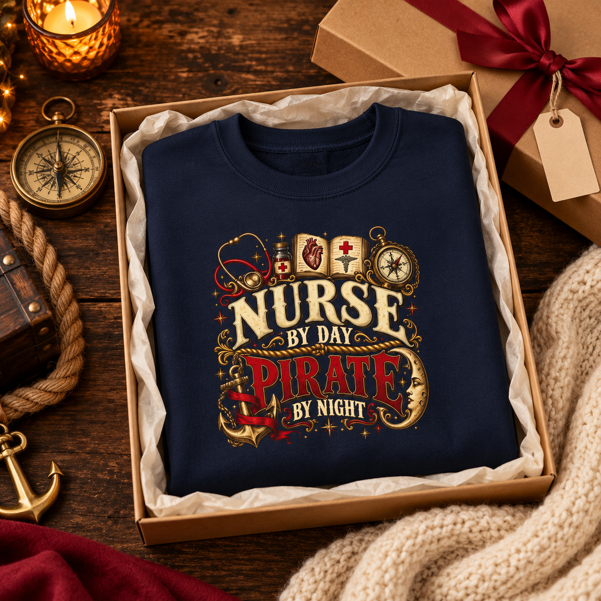 Navy Nurse by Day Pirate by Night sweatshirt folded in a gift box with a red ribbon, ready for Christmas