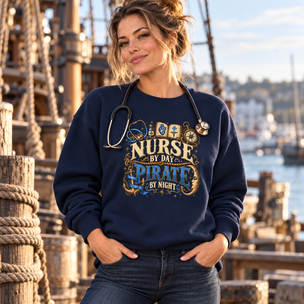 Nurse with a stethoscope on a ship dock wearing a navy Nurse by Day Pirate by Night sweatshirt with ceil blue PIRATE