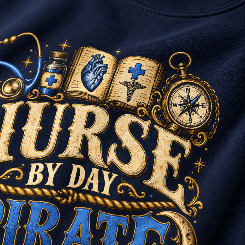 Close-up of the ceil blue and gold design: blue stethoscope, medicine bottle, heart book, compass and PIRATE