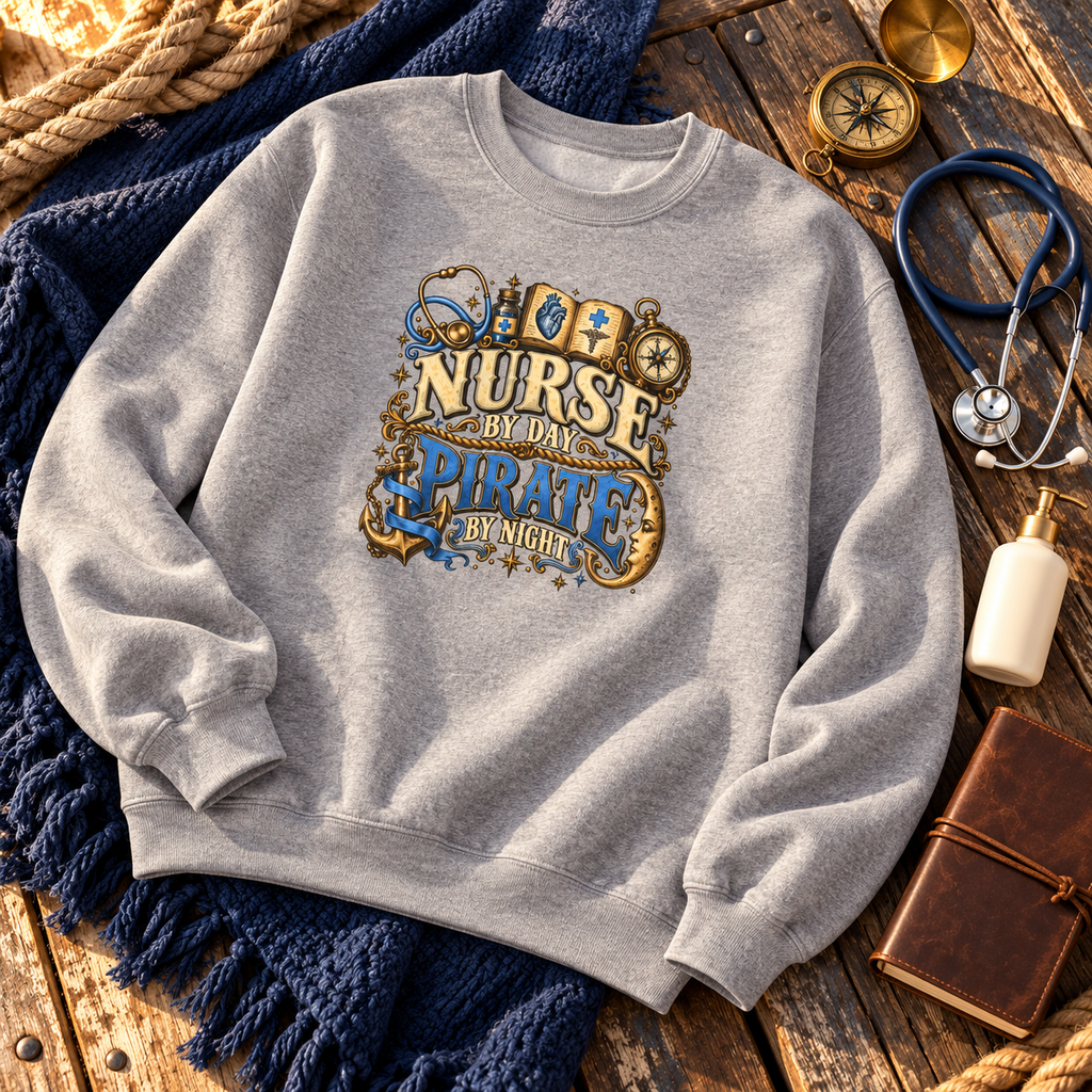 Sport grey Nurse by Day Pirate by Night sweatshirt flat lay with a navy blanket, stethoscope and journal