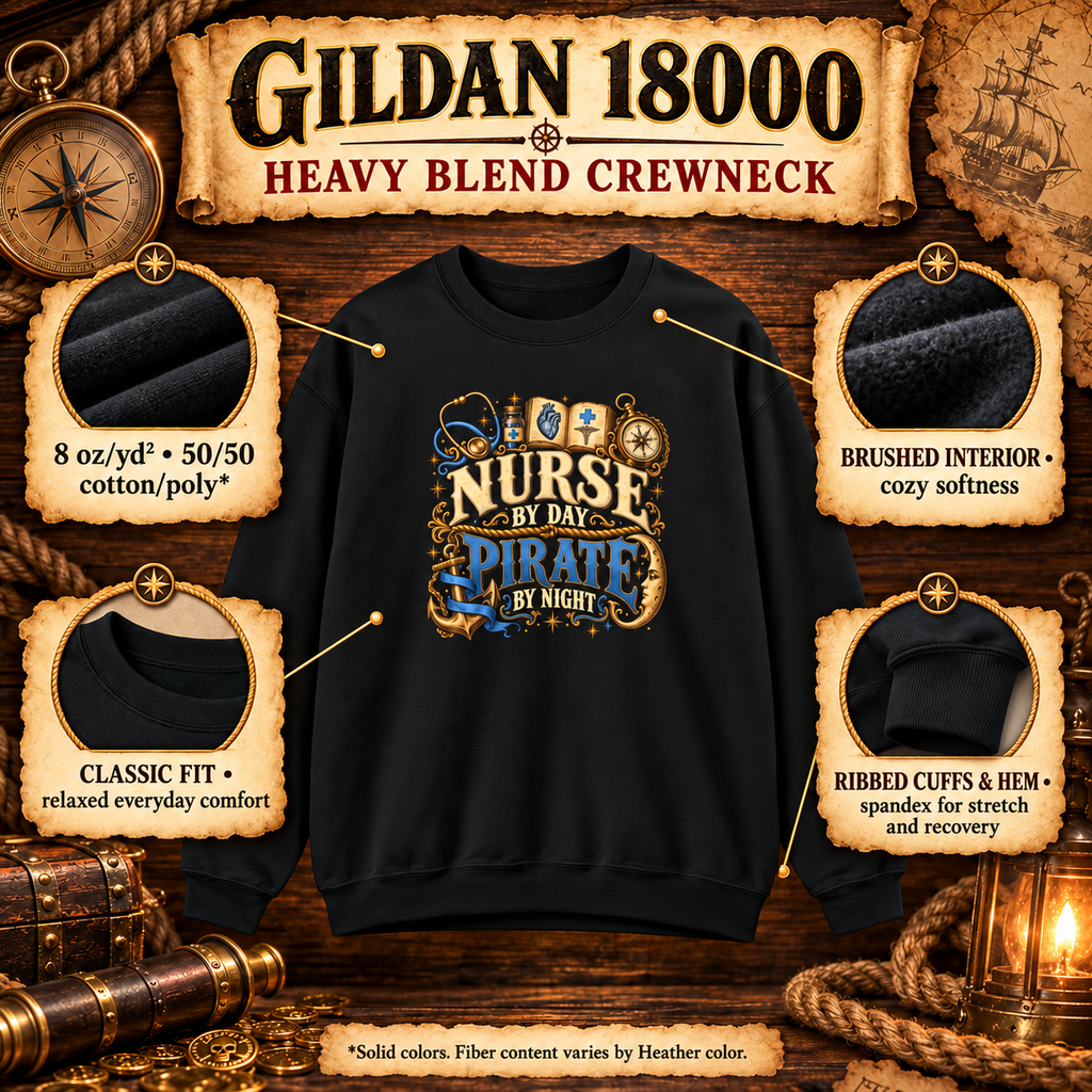 Gildan 18000 Heavy Blend crewneck features: 8 oz cotton poly, brushed interior, classic fit, ribbed cuffs and hem