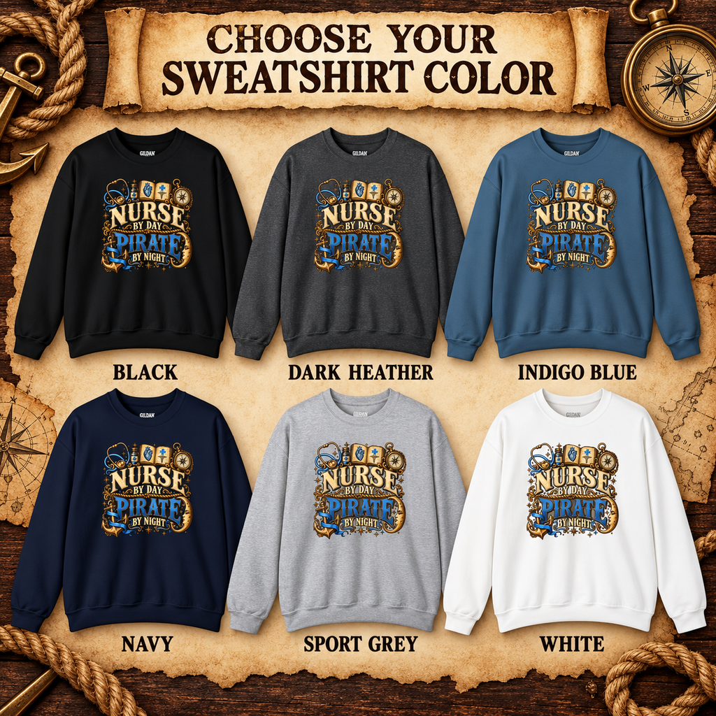 Color chart for the ceil blue Nurse by Day sweatshirt: black, dark heather, indigo blue, navy, sport grey and white