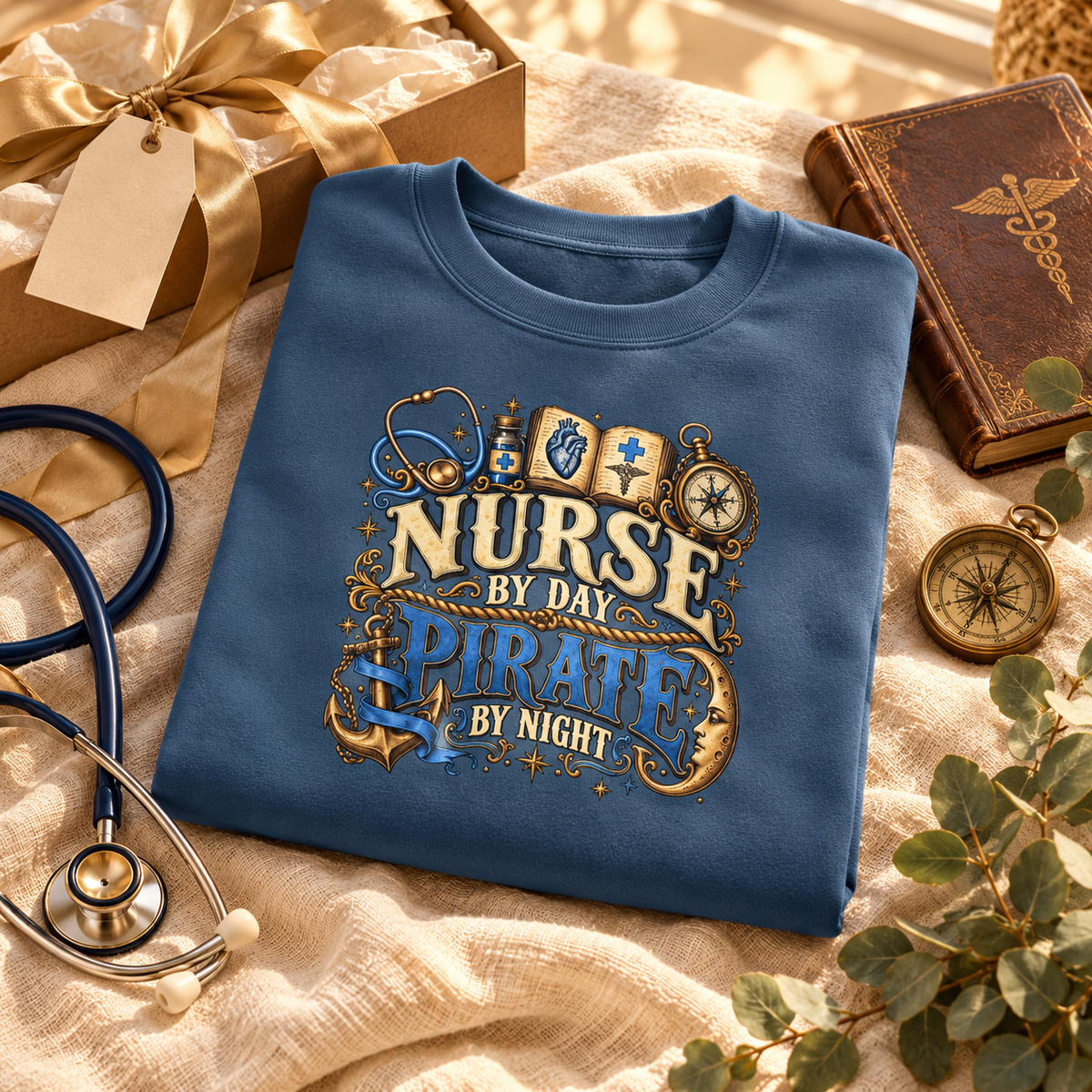Indigo blue Nurse by Day Pirate by Night sweatshirt folded in a gift box with gold ribbon and a stethoscope