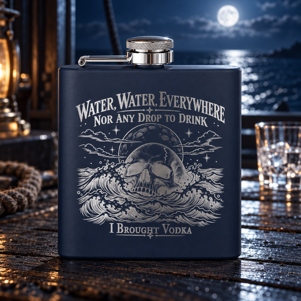 Navy hip flask engraved with Water, Water, Everywhere, Nor Any Drop to Drink, a skull rising from stormy waves and I Brought Vodka at the bottom, on a dock under a full moon with a glass of vodka