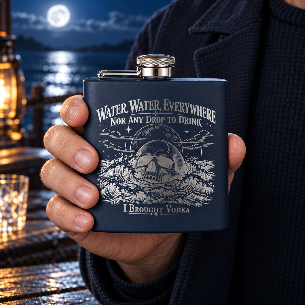 A hand holding the navy I Brought Vodka engraved flask up close, showing the skull, the waves and the bare silver steel lettering